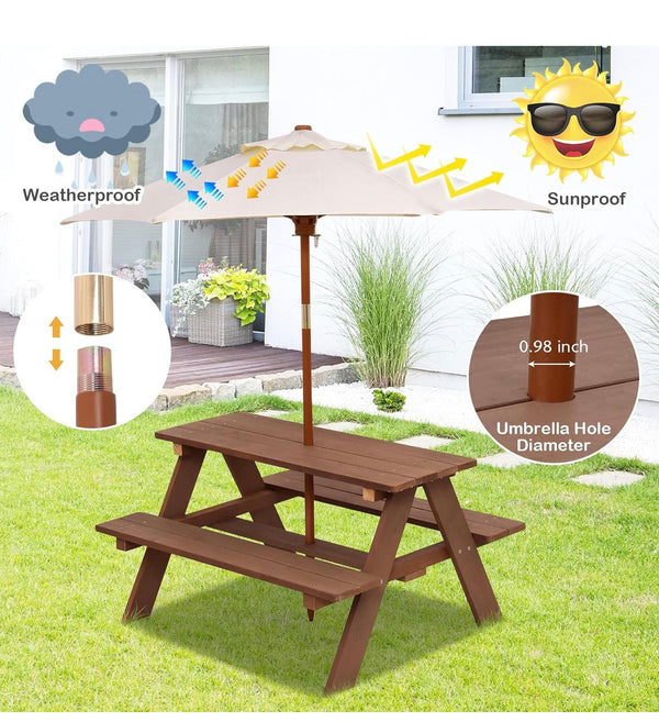 Costzon Kids Picnic Table Set with Removable & Foldable Umbrella - Natural │ 🟤 Z3 Grade: Value – Missing Accessories