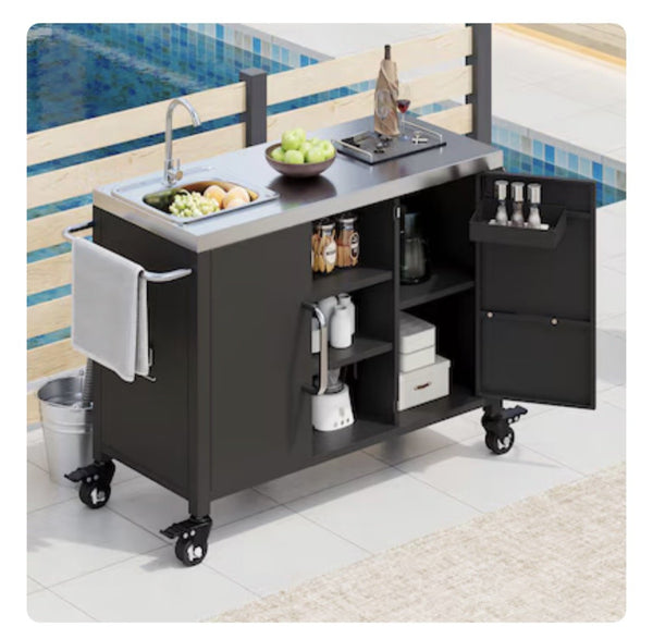 Outdoor Kitchen Island with Sink – 55.5" Stainless Grill Cart, 4 Locking Wheels, Z3-01093, illustration, not our exact unit