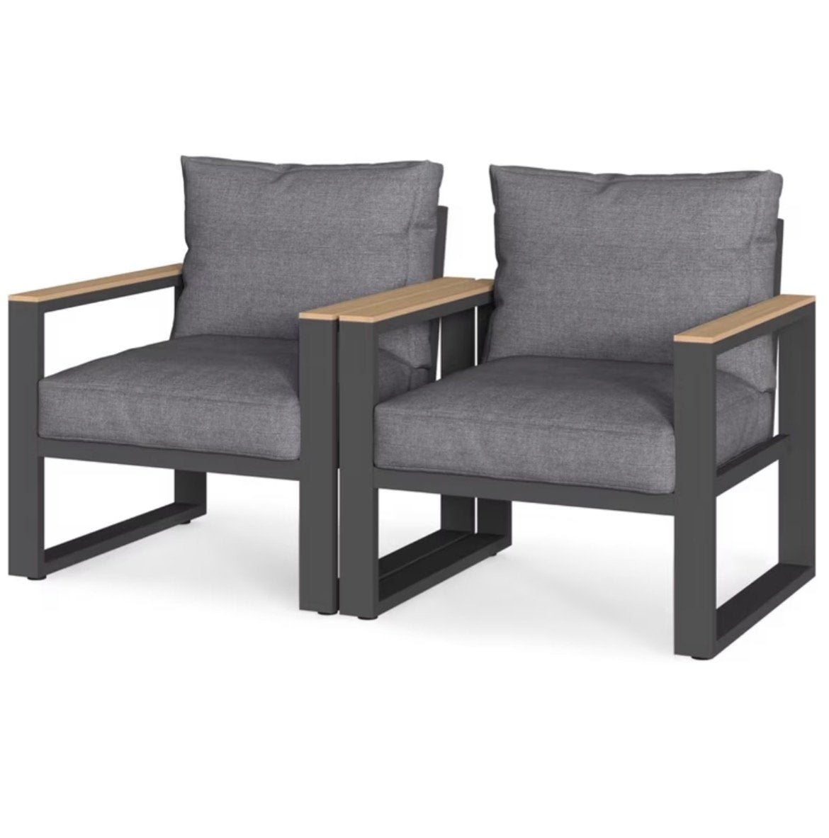 RoyalCraft Aluminum Outdoor Armchair Set of 2, Grey, Wood-Look Armrests, with Cushions, Z3-01110, illustration, not our exact unit