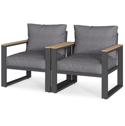 RoyalCraft Aluminum Outdoor Armchair Set of 2, Grey, Wood-Look Armrests, with Cushions, Z3-01110, illustration, not our exact unit