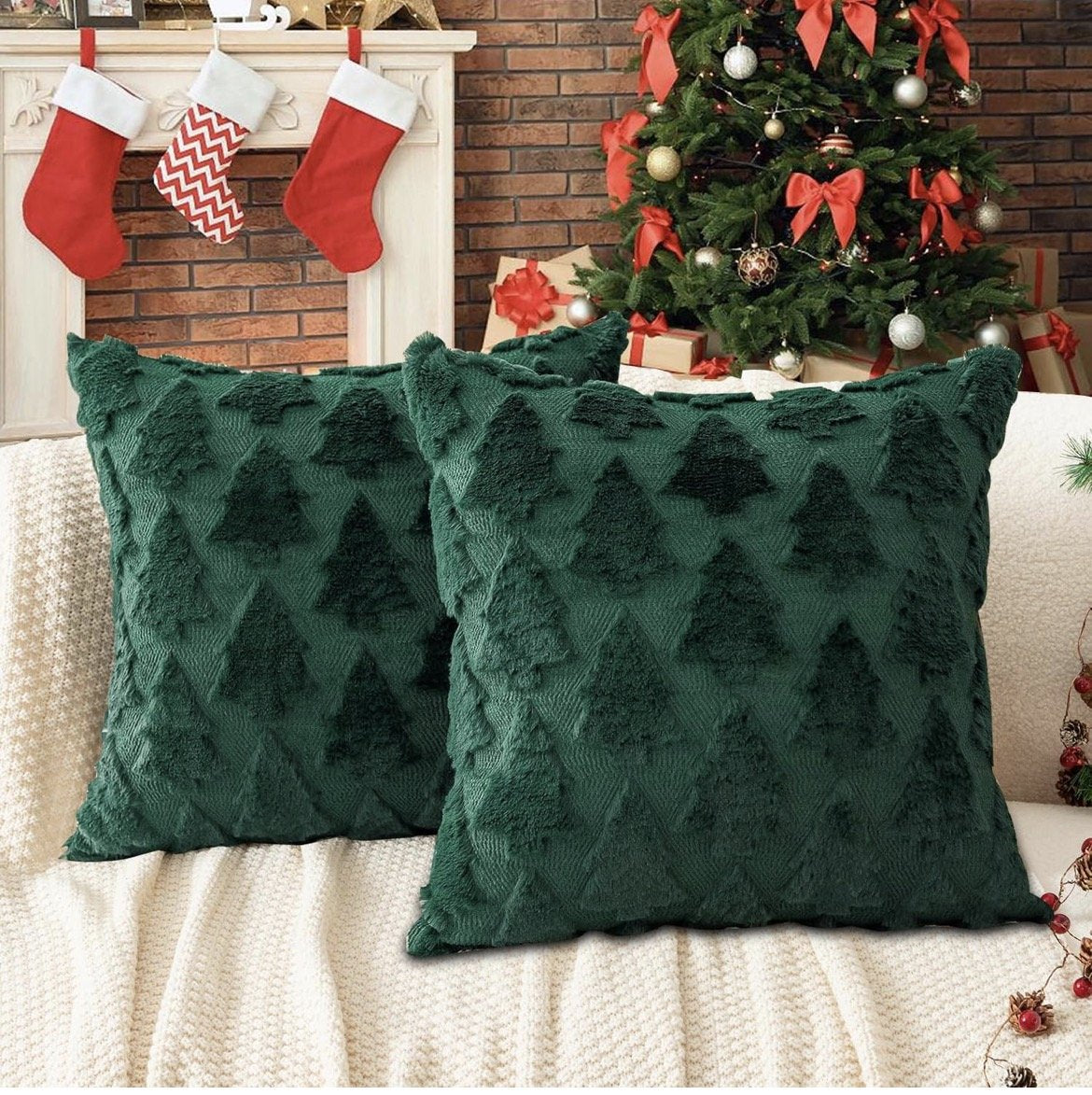 TOYPOPOR Christmas Tree Pillow Covers 18x18, Set of 2, Green Faux Fur, New, Z3-01123, illustration, not our exact unit